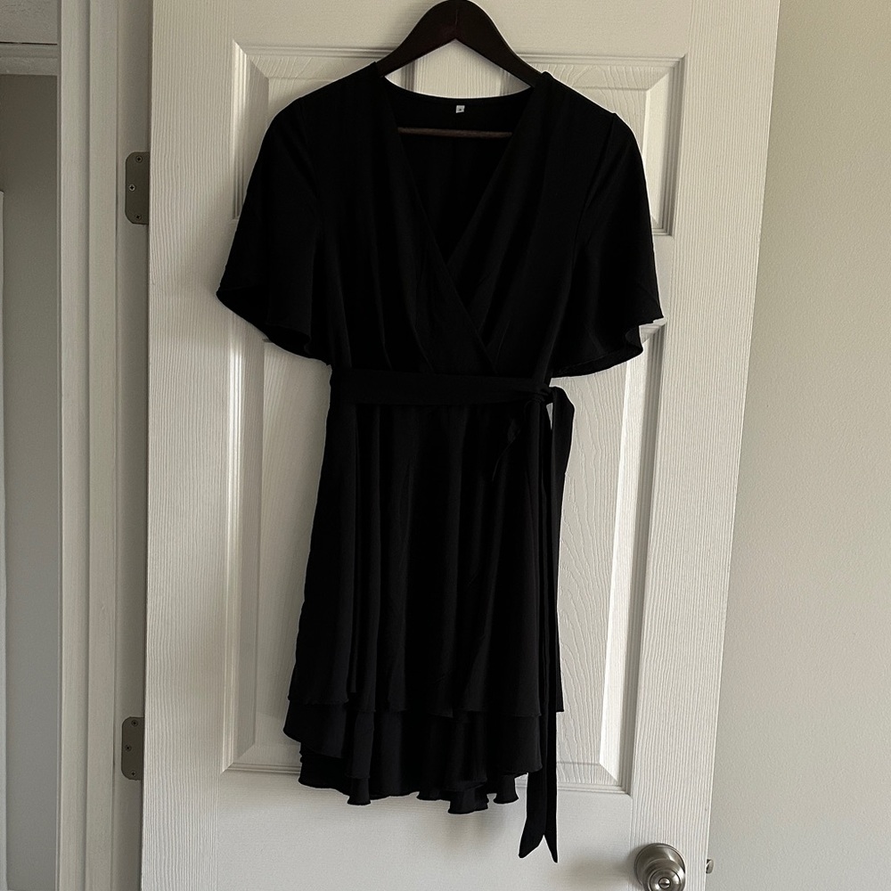 Amazon Black Short Wrap Dress with Tie Waist